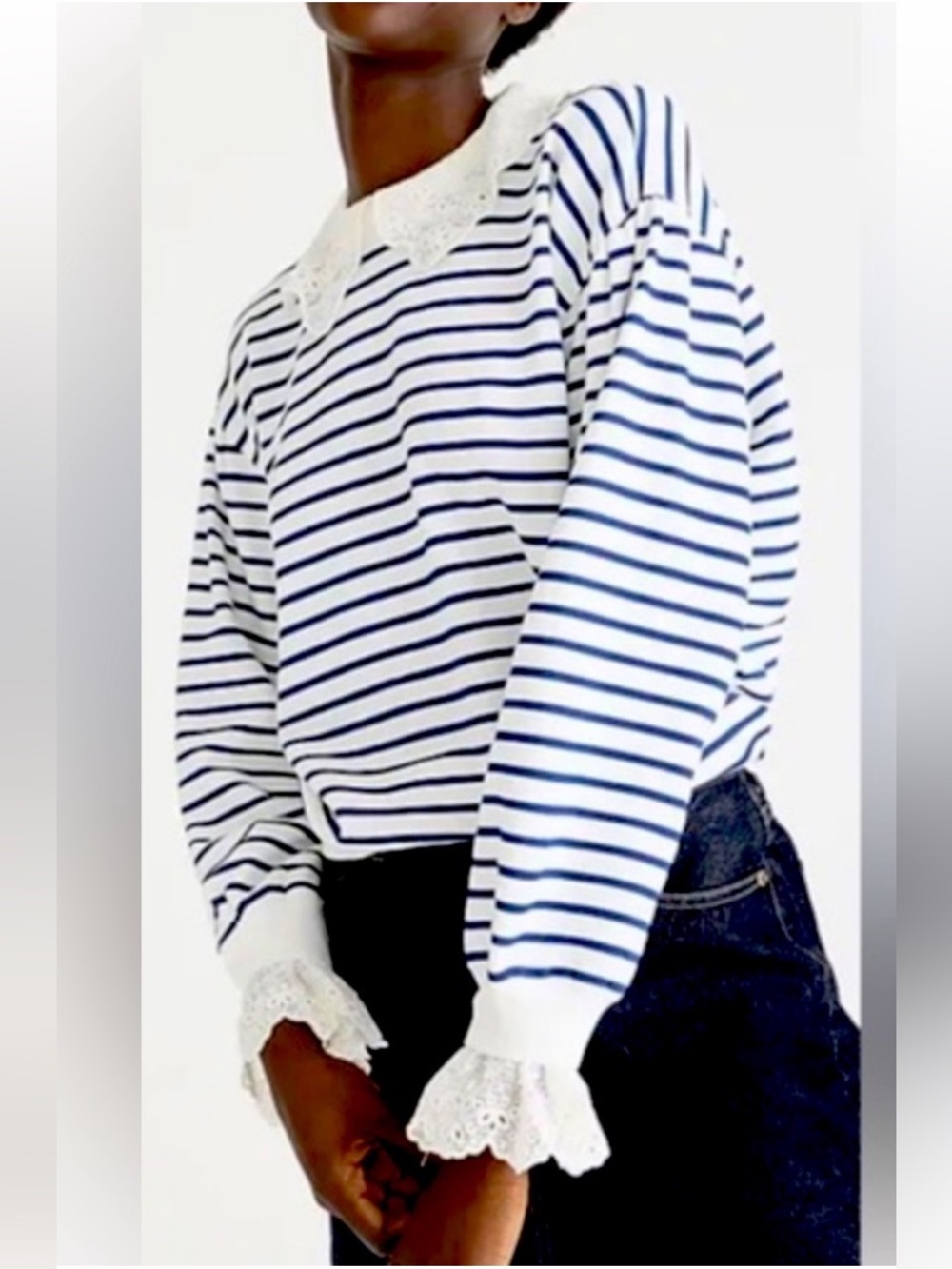 NWOT J. Crew 100% Cotton French Terry Blue & White Striped Sweatshirt w/ Lace L